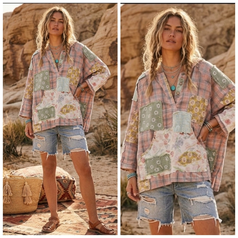 Boho Contrast Patchwork Pulloverb Oversized Top Oversized